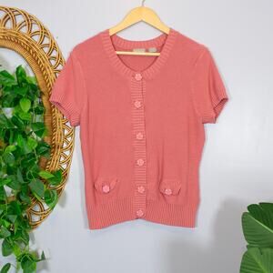 Pink Knit Cardigan Flower Buttons Vintage Short Sleeve Sweater Top | True Spring